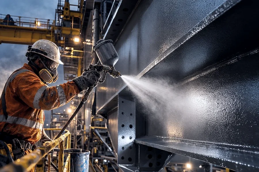 Spray application of an anti-corrosion coating on a structural steel beam