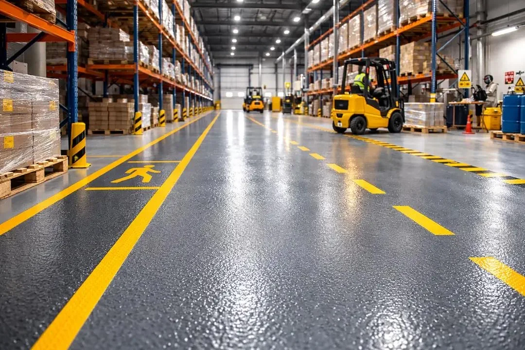 Distribution centre aisle with a glossy resin floor and yellow traffic lanes