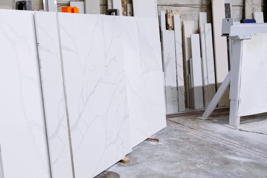 Natural dimension stone slabs at a stone workshop