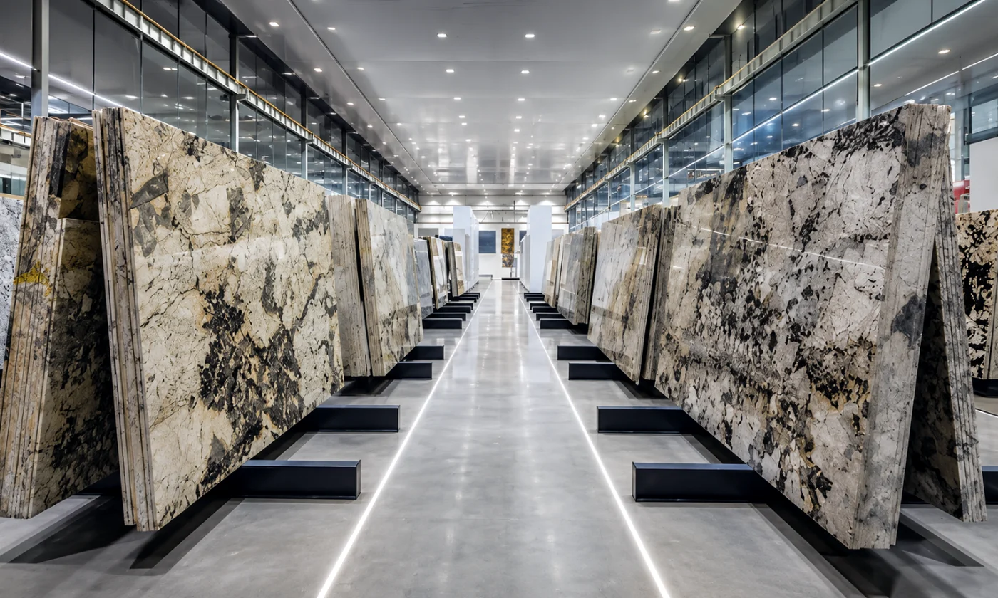 Showroom of resin-treated dimension stone slabs — Q line